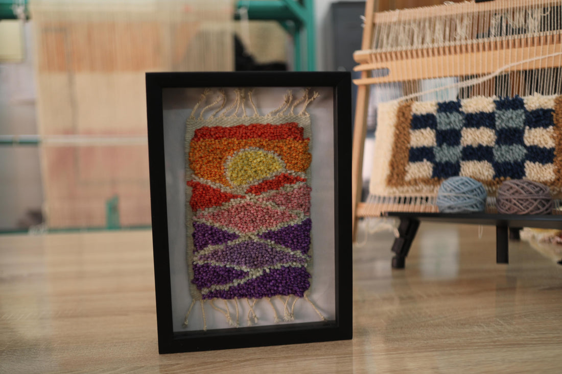 moroccan rug, hand-knotted rug, geometric wall art, sunset textile decor, knot by knot, boho wall hanging, orange purple pink rug, framed wool tapestry, artisan woven rug, 25x31 cm art
