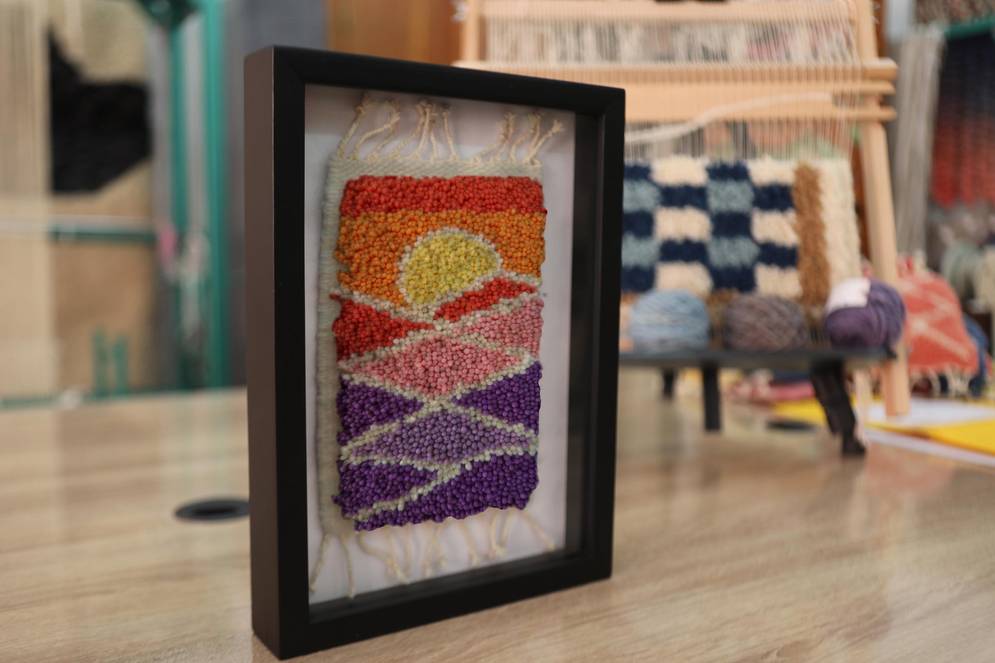 moroccan rug, hand-knotted rug, geometric wall art, sunset textile decor, knot by knot, boho wall hanging, orange purple pink rug, framed wool tapestry, artisan woven rug, 25x31 cm art
