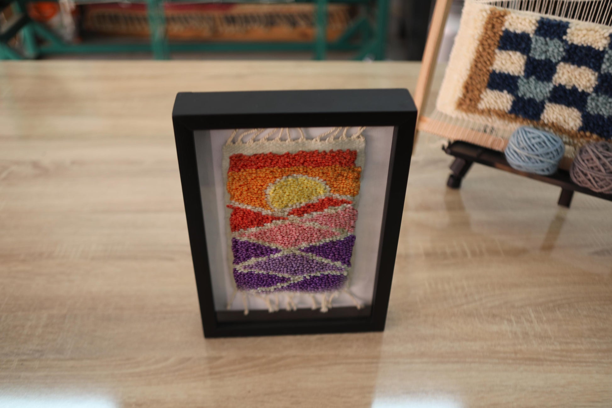 moroccan rug, hand-knotted rug, geometric wall art, sunset textile decor, knot by knot, boho wall hanging, orange purple pink rug, framed wool tapestry, artisan woven rug, 25x31 cm art
