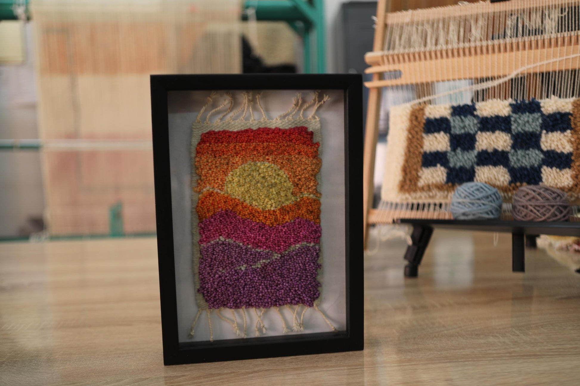 moroccan rug, hand-knotted rug, sunset wall art, framed wool textile, knot by knot tapestry, boho wall hanging, warm color decor, modern moroccan decor, purple orange yellow rug, 25x31 cm framed textile
