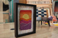 moroccan rug, hand-knotted rug, sunset wall art, framed wool textile, knot by knot tapestry, boho wall hanging, warm color decor, modern moroccan decor, purple orange yellow rug, 25x31 cm framed textile
