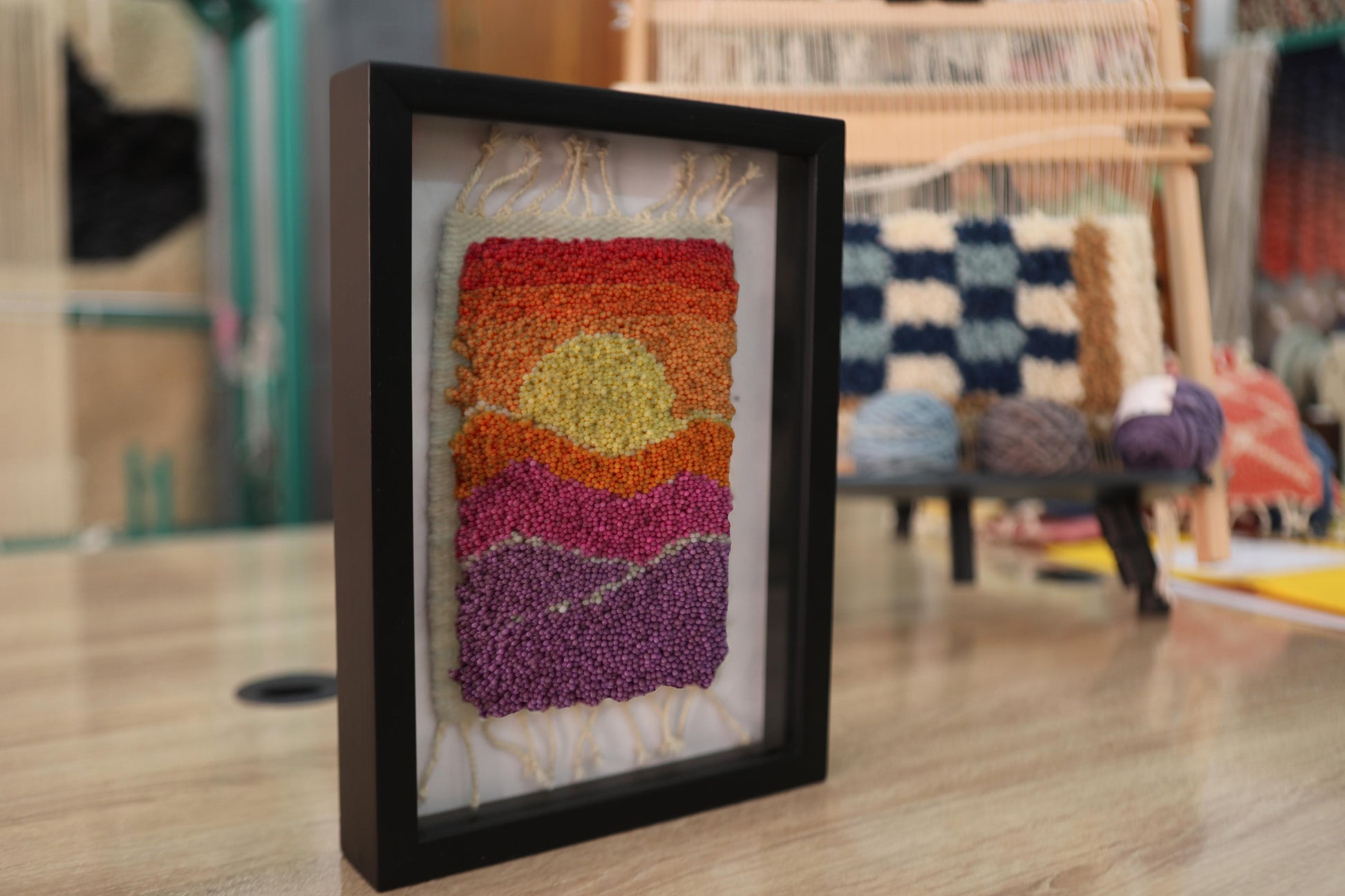 moroccan rug, hand-knotted rug, sunset wall art, framed wool textile, knot by knot tapestry, boho wall hanging, warm color decor, modern moroccan decor, purple orange yellow rug, 25x31 cm framed textile
