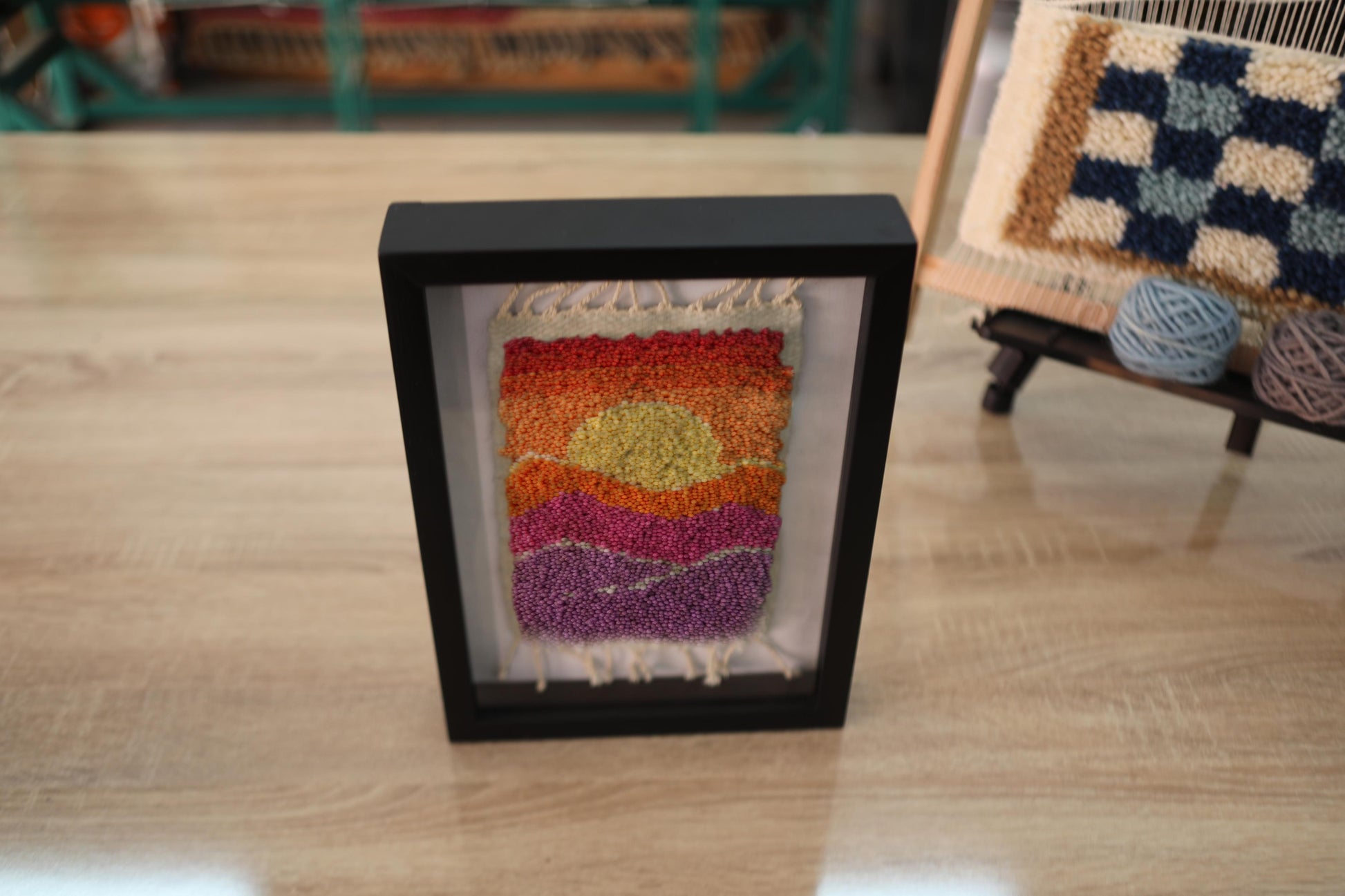moroccan rug, hand-knotted rug, sunset wall art, framed wool textile, knot by knot tapestry, boho wall hanging, warm color decor, modern moroccan decor, purple orange yellow rug, 25x31 cm framed textile
