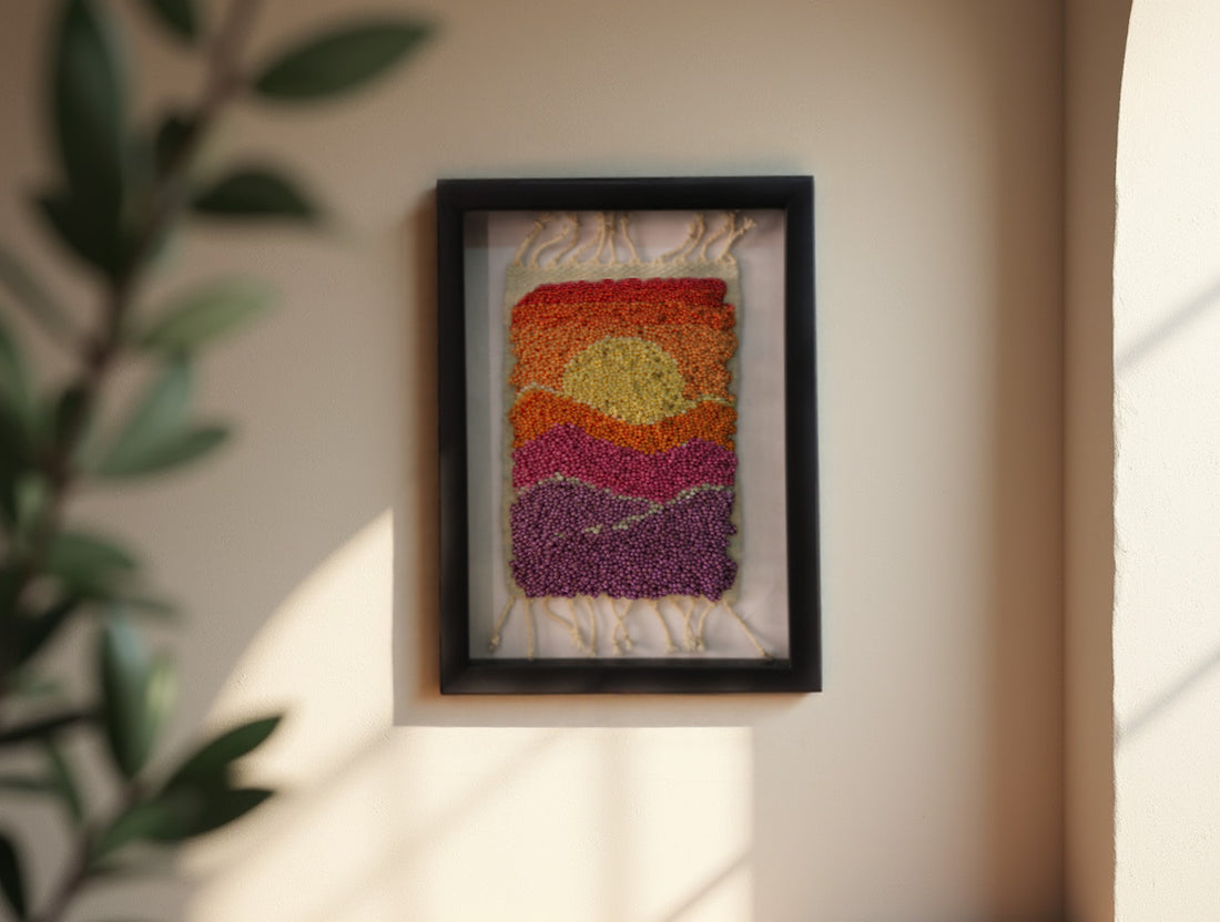 moroccan rug, hand-knotted rug, sunset wall art, framed wool textile, knot by knot tapestry, boho wall hanging, warm color decor, modern moroccan decor, purple orange yellow rug, 25x31 cm framed textile
