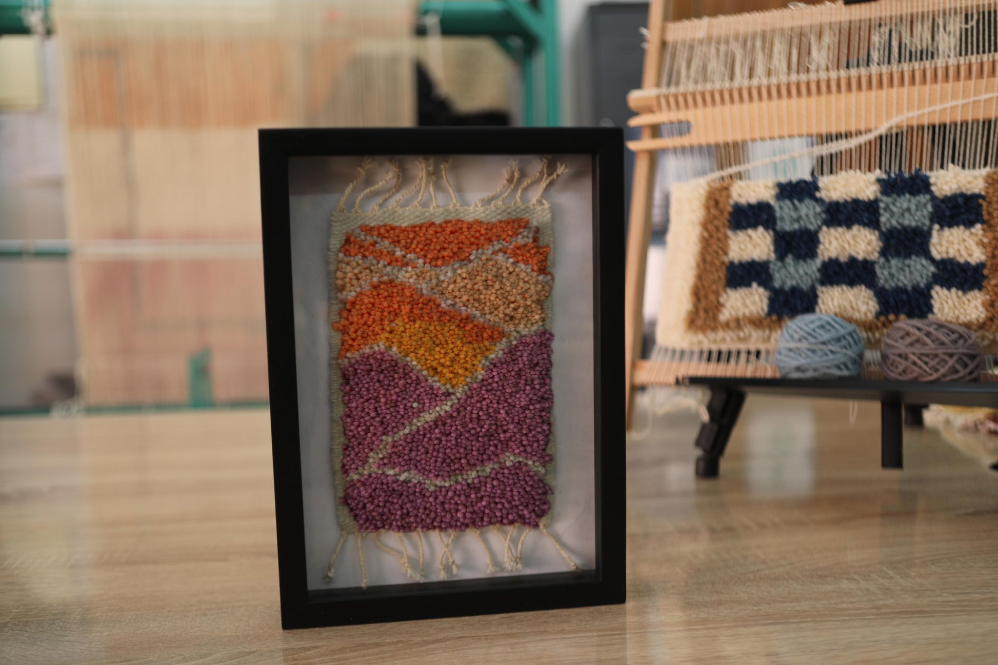 moroccan rug, hand-knotted rug, wall art, textile art, boho home decor, knot by knot, desert tones, framed rug, handmade wool art, 25x31 cm, moroccan wall piece
