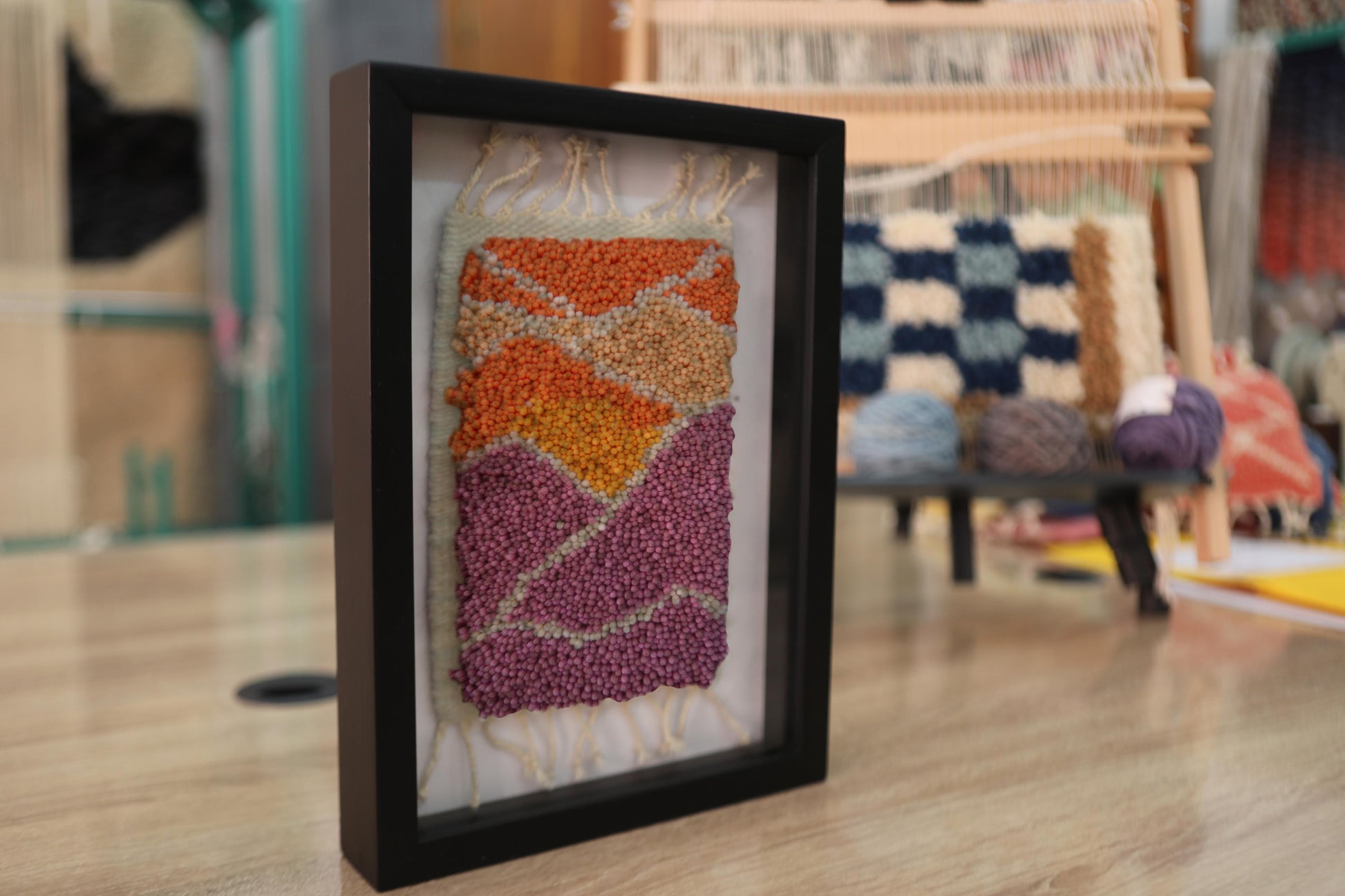 moroccan rug, hand-knotted rug, wall art, textile art, boho home decor, knot by knot, desert tones, framed rug, handmade wool art, 25x31 cm, moroccan wall piece
