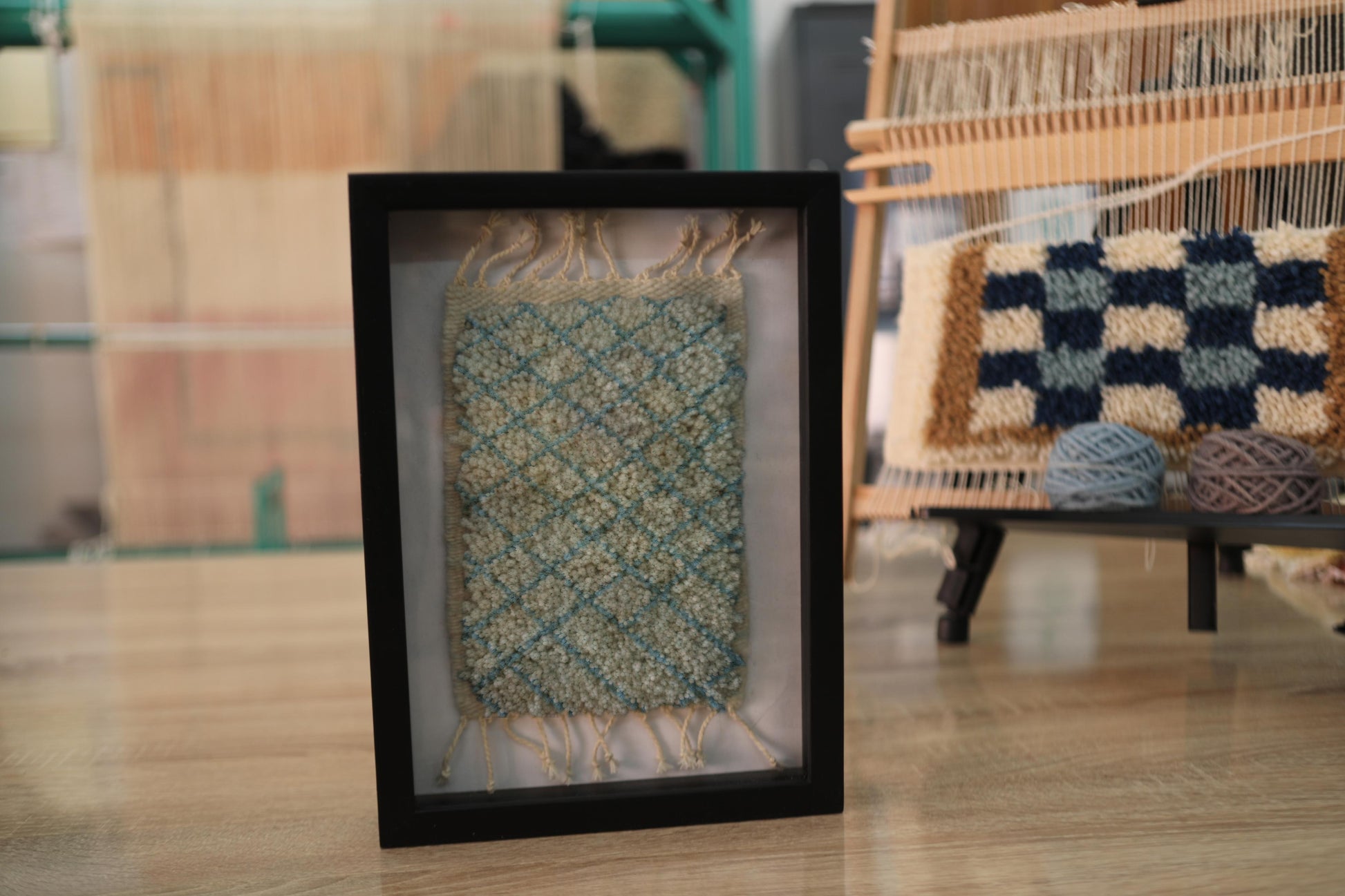 moroccan rug, hand-knotted rug art, framed mini rug, diamond grid pattern, neutral wool wall decor, boho moroccan textile, handmade wall hanging, knot by knot weaving, 25x31 cm
