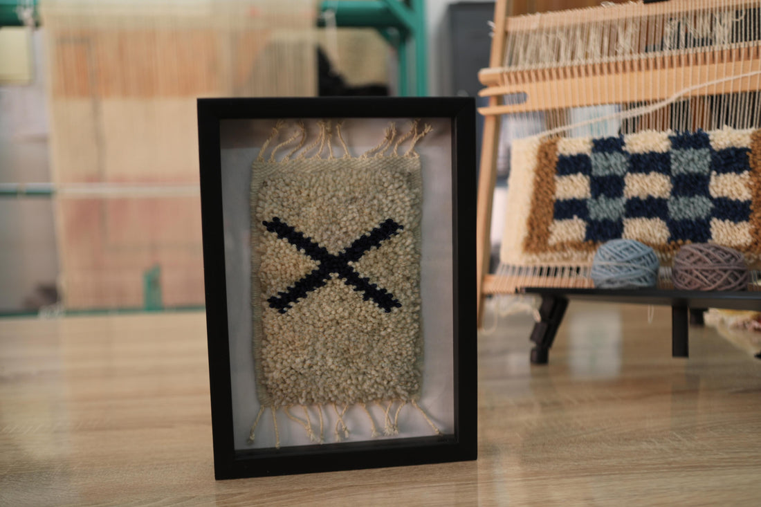 moroccan rug, hand-knotted rug wall art, boho wall decor, chevron rug art, black and cream textile, artisan moroccan wall hanging, mini rug art, wool moroccan rug, framed handmade decor, knot by knot rug
