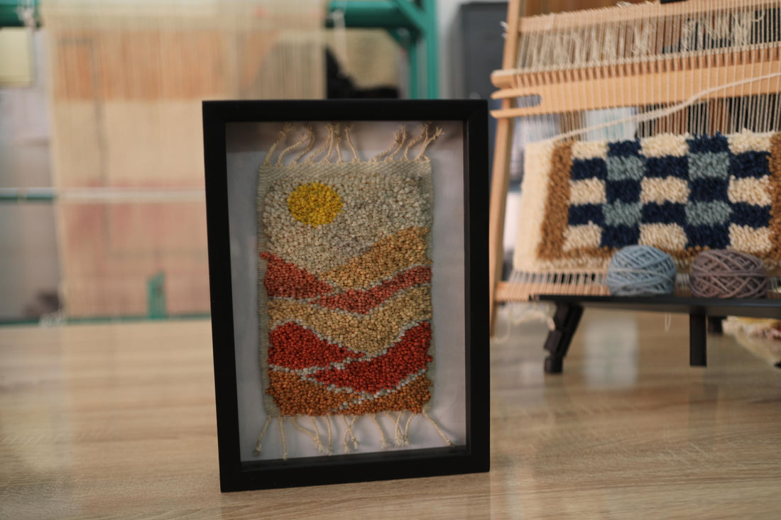 moroccan rug, hand-knotted wall art, desert sunset textile, wool tapestry, framed moroccan decor, sunset wall hanging, handmade rug, knot by knot, artisan moroccan rug art, boho wall piece, wool wall frame, small woven art, 25x31 cm
