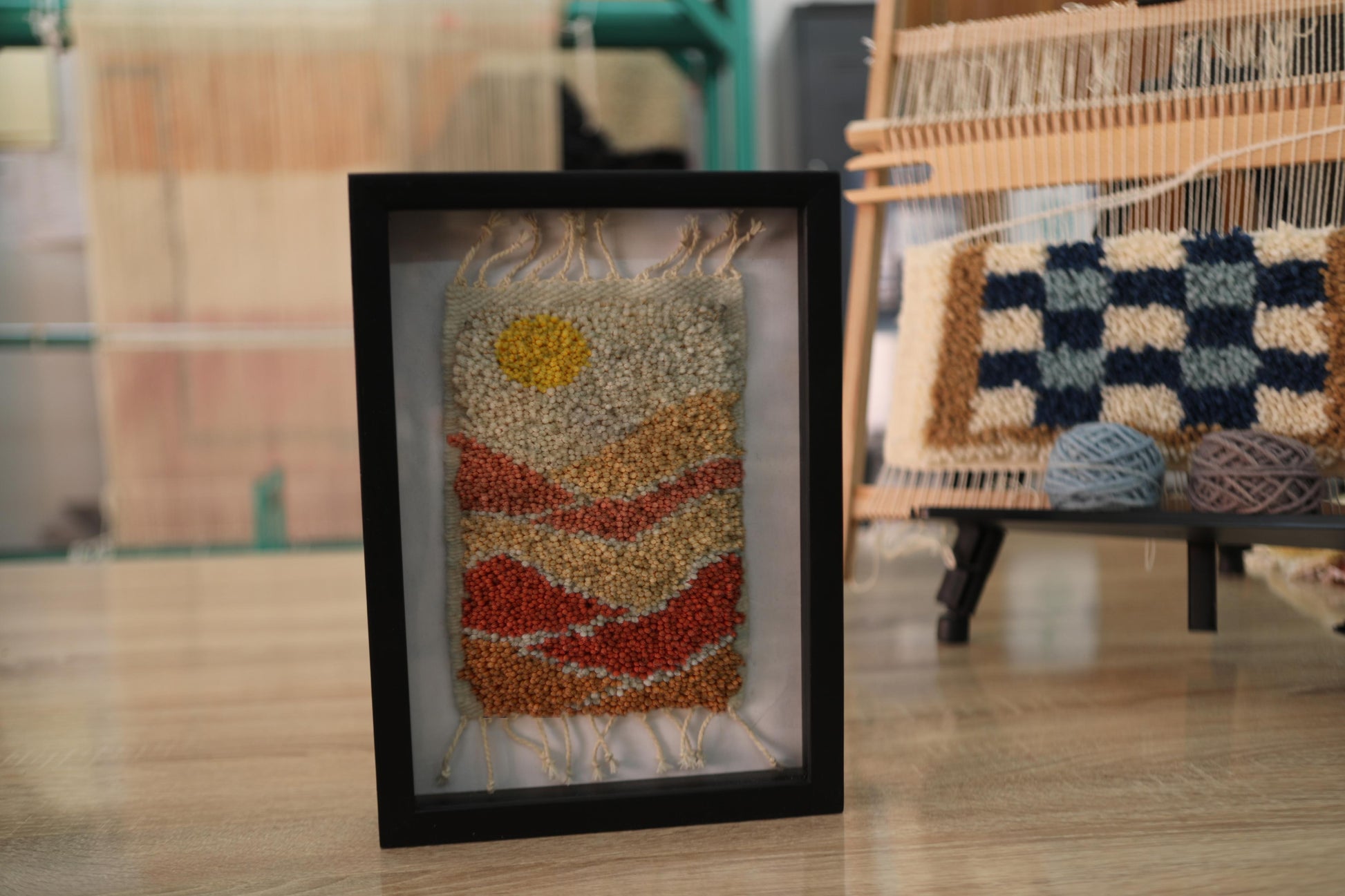 moroccan rug, hand-knotted wall art, desert sunset textile, wool tapestry, framed moroccan decor, sunset wall hanging, handmade rug, knot by knot, artisan moroccan rug art, boho wall piece, wool wall frame, small woven art, 25x31 cm
