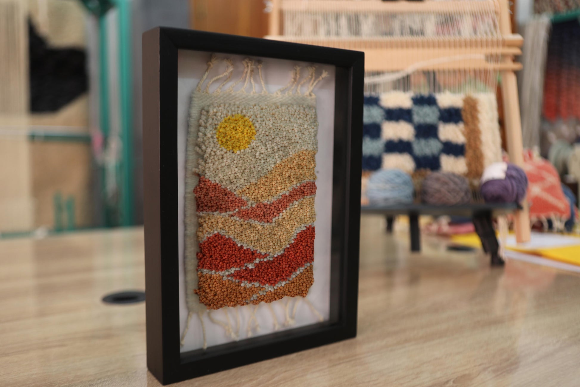moroccan rug, hand-knotted wall art, desert sunset textile, wool tapestry, framed moroccan decor, sunset wall hanging, handmade rug, knot by knot, artisan moroccan rug art, boho wall piece, wool wall frame, small woven art, 25x31 cm
