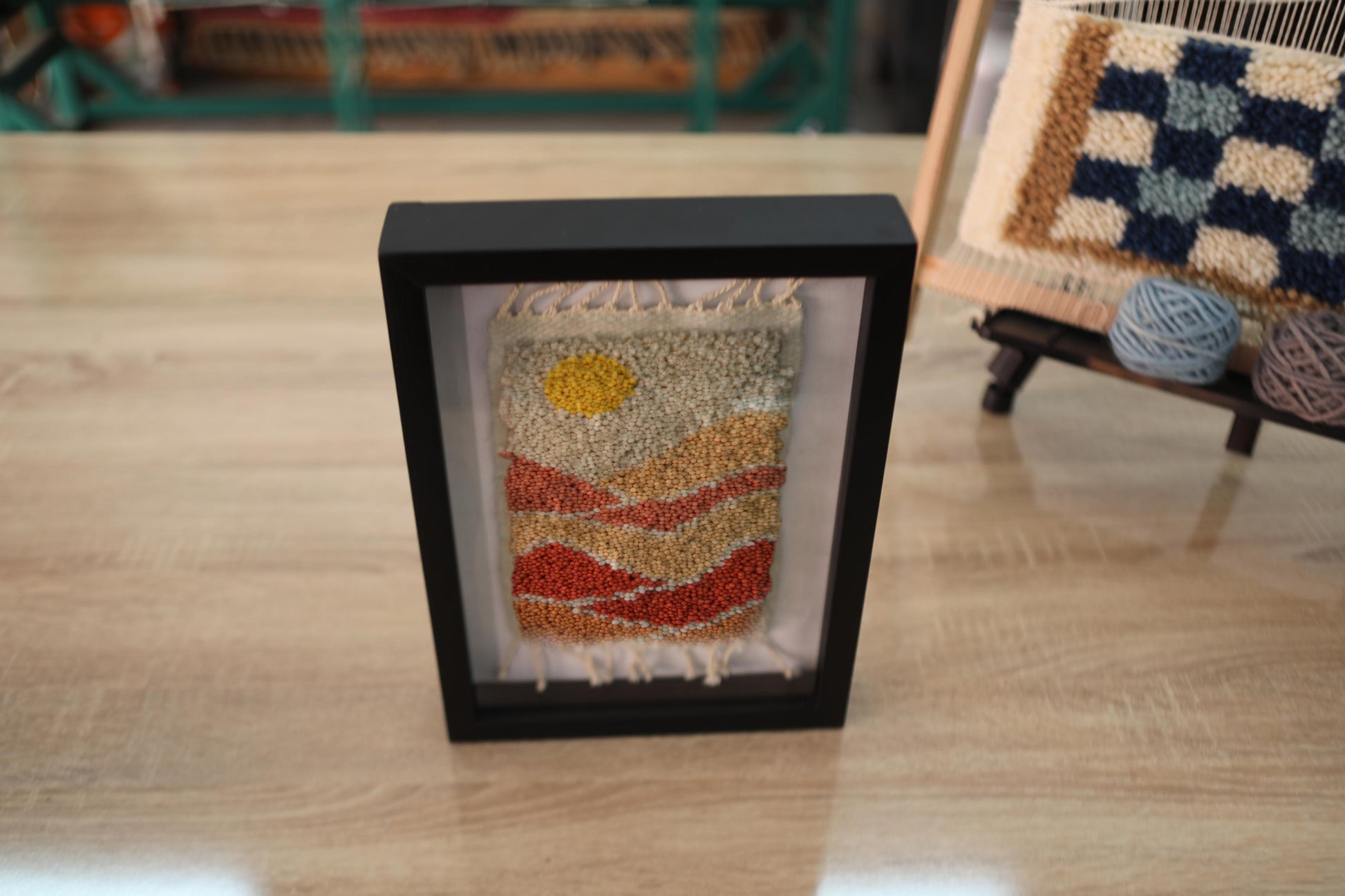 moroccan rug, hand-knotted wall art, desert sunset textile, wool tapestry, framed moroccan decor, sunset wall hanging, handmade rug, knot by knot, artisan moroccan rug art, boho wall piece, wool wall frame, small woven art, 25x31 cm

