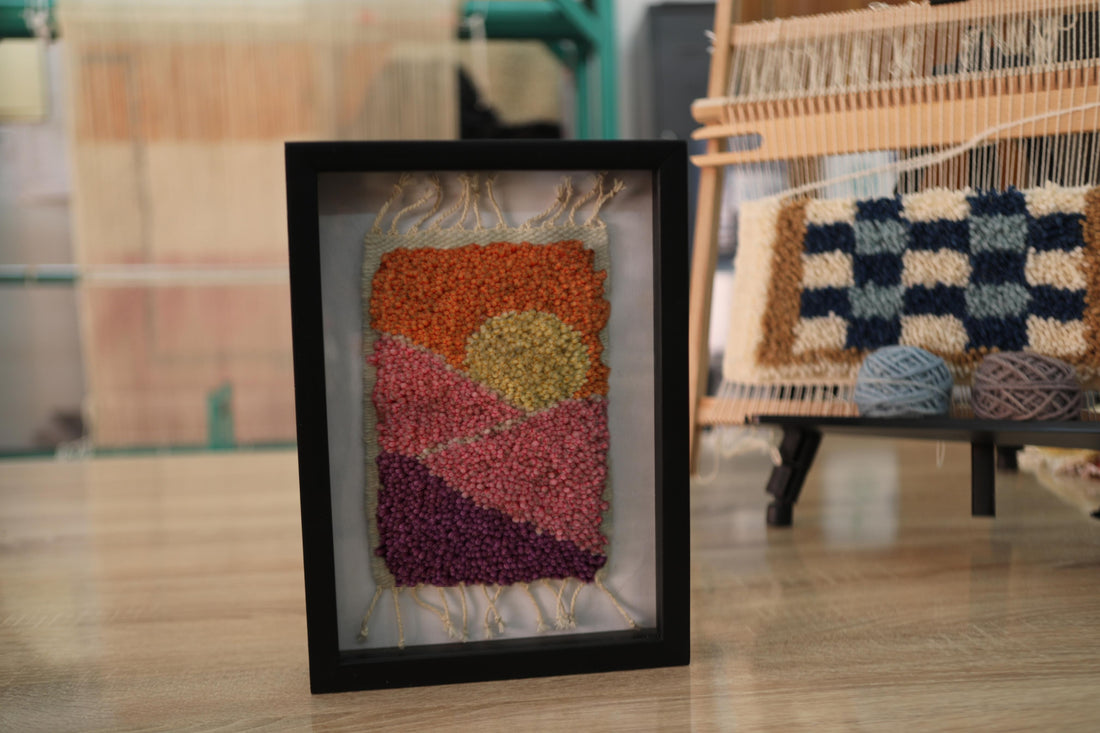 moroccan rug, hand-knotted wall art, geometric sun rug, framed textile art, boho decor piece, artisan wool wall hanging, knot by knot handmade, colorful mini rug art, 25x31 cm
