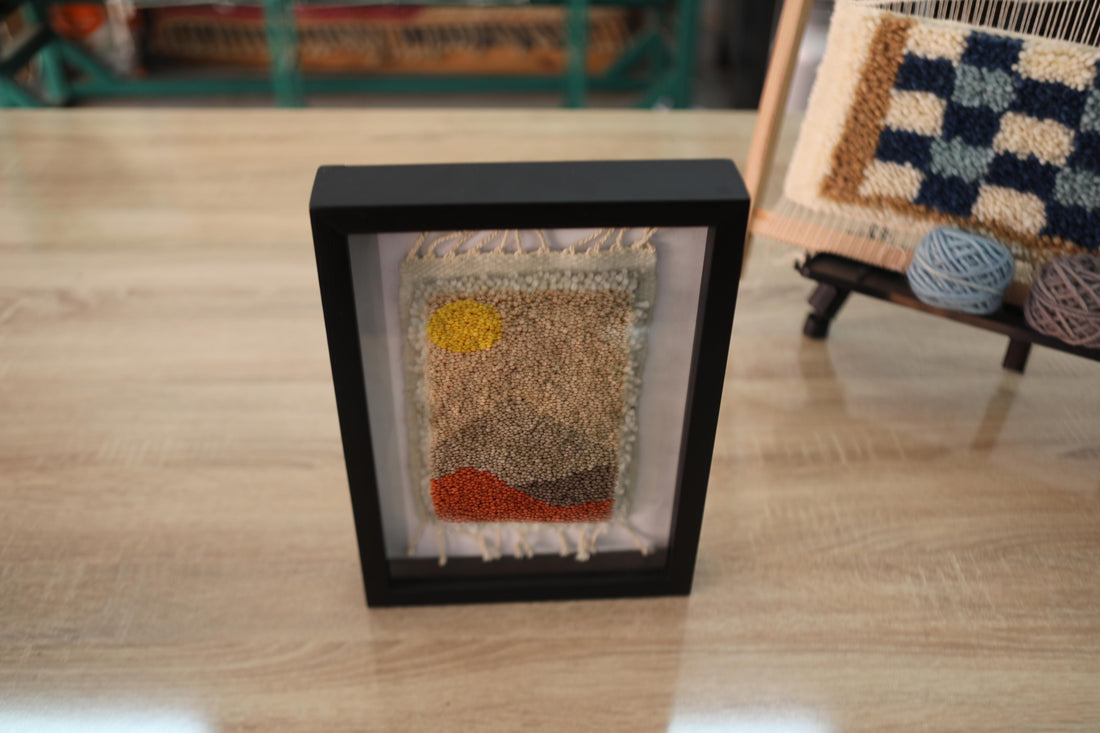 Minimalist Moroccan Rug Wall Art – Hand-Knotted Framed Sunset Tapestry (25x31 cm)