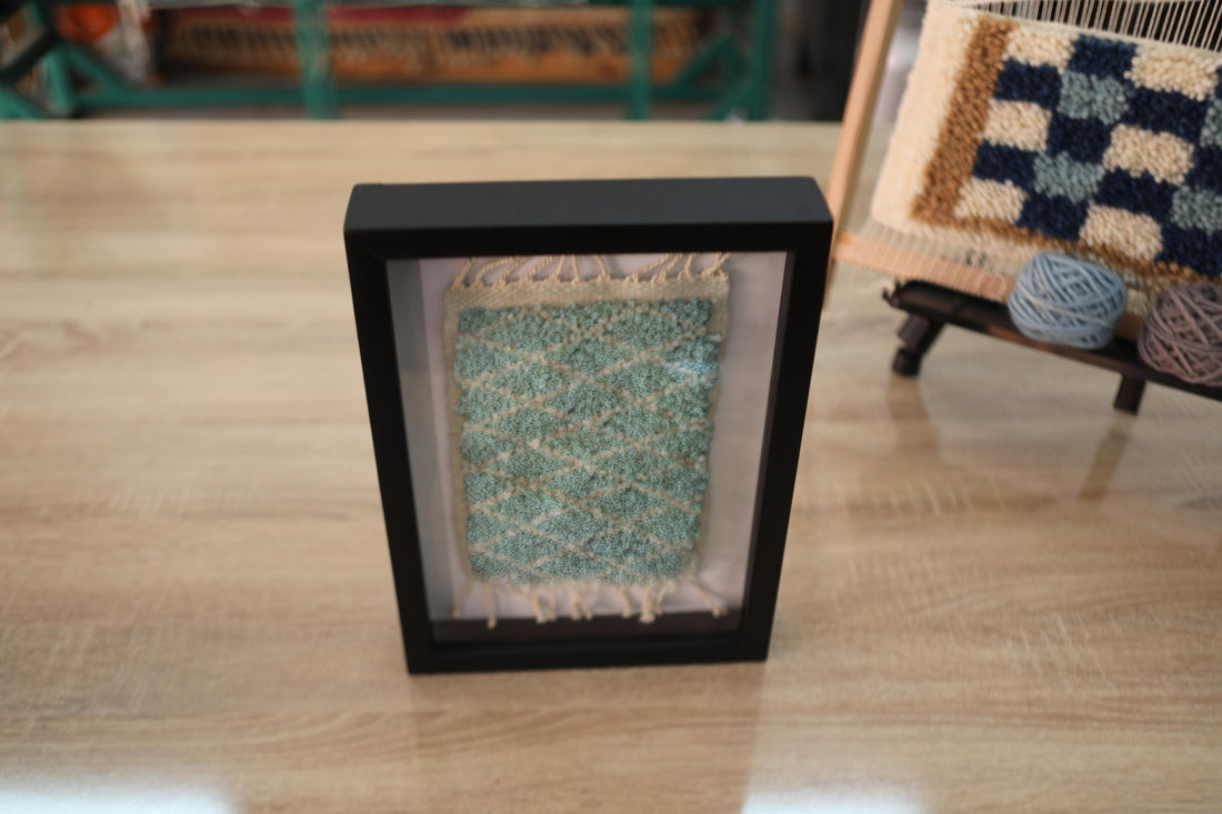 moroccan rug, hand-knotted wall art, mint green rug, diamond pattern, wool textile art, bohemian home decor, knot by knot rug, framed wall rug, handmade decor, 25x31 cm
