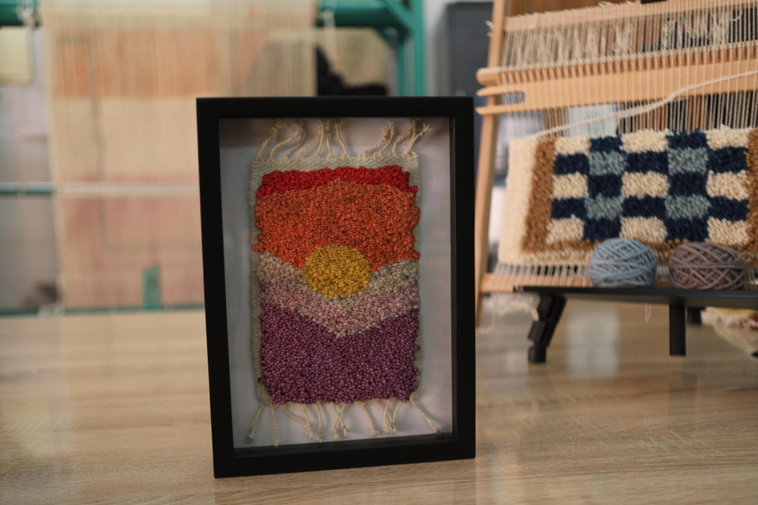 moroccan rug, hand-knotted wall art, sunburst horizon rug, framed boho decor, artisan wool wall hanging, knot by knot handmade, orange red yellow textile art, framed mini rug, 25x31 cm rug art
