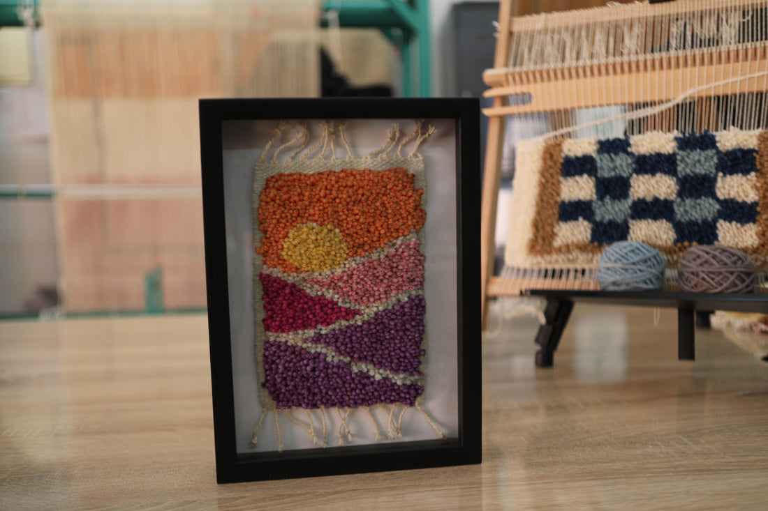 moroccan rug, hand-knotted wall art, sunrise rug tapestry, abstract moroccan design, framed mini rug, knot by knot textile, boho home decor, wool and cotton wall hanging, 25x31 cm
