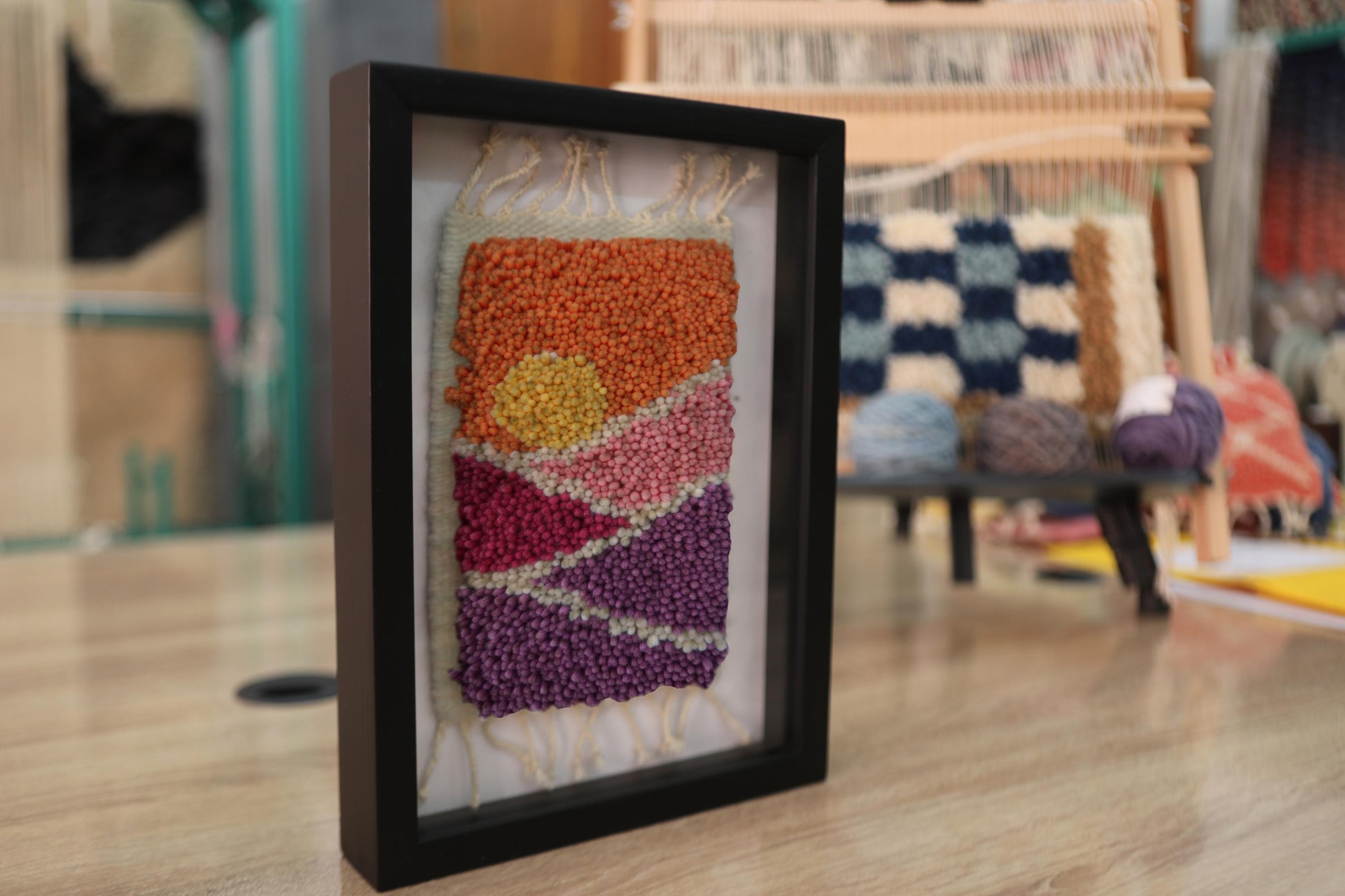 moroccan rug, hand-knotted wall art, sunrise rug tapestry, abstract moroccan design, framed mini rug, knot by knot textile, boho home decor, wool and cotton wall hanging, 25x31 cm
