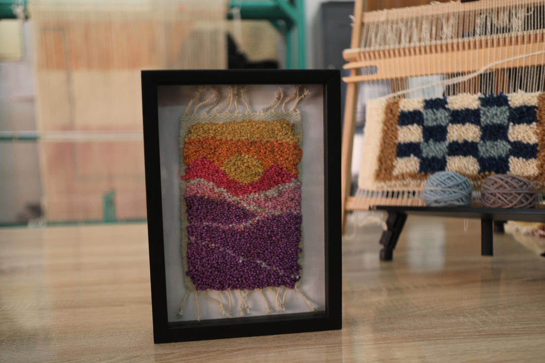 moroccan rug, hand-knotted wall art, sunset horizon rug, framed textile art, boho decor, artisan handmade rug, knot by knot, orange pink purple wall hanging, wool tapestry, 25x31 cm framed rug
