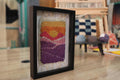 moroccan rug, hand-knotted wall art, sunset horizon rug, framed textile art, boho decor, artisan handmade rug, knot by knot, orange pink purple wall hanging, wool tapestry, 25x31 cm framed rug
