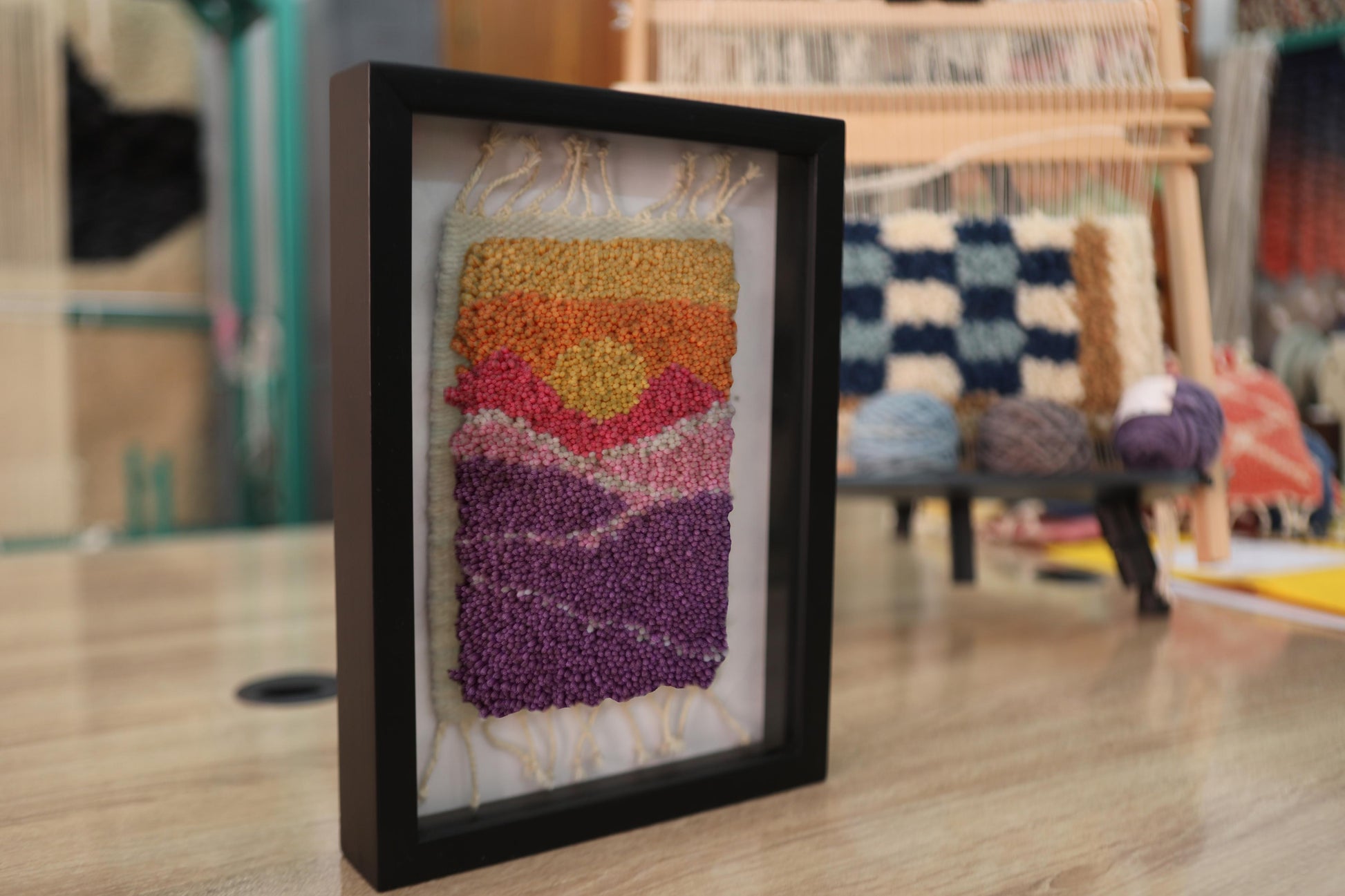 moroccan rug, hand-knotted wall art, sunset horizon rug, framed textile art, boho decor, artisan handmade rug, knot by knot, orange pink purple wall hanging, wool tapestry, 25x31 cm framed rug
