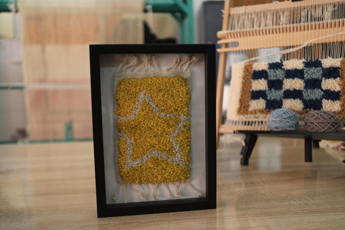 moroccan rug, hand-knotted wool rug, outlined star rug, yellow wall art, wool star textile, boho celestial decor, framed moroccan rug art, handmade wool wall hanging, small tapestry wall decor, moroccan knot by knot rug, star wall textile, 25x31 cm
