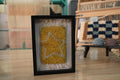 moroccan rug, hand-knotted wool rug, outlined star rug, yellow wall art, wool star textile, boho celestial decor, framed moroccan rug art, handmade wool wall hanging, small tapestry wall decor, moroccan knot by knot rug, star wall textile, 25x31 cm
