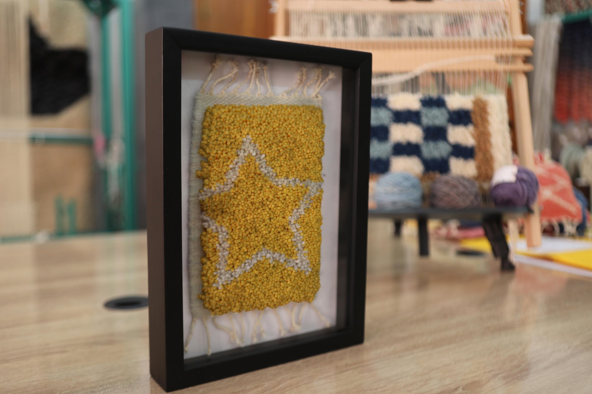 moroccan rug, hand-knotted wool rug, outlined star rug, yellow wall art, wool star textile, boho celestial decor, framed moroccan rug art, handmade wool wall hanging, small tapestry wall decor, moroccan knot by knot rug, star wall textile, 25x31 cm
