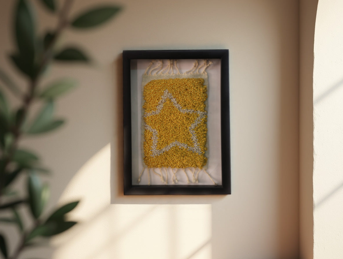 moroccan rug, hand-knotted wool rug, outlined star rug, yellow wall art, wool star textile, boho celestial decor, framed moroccan rug art, handmade wool wall hanging, small tapestry wall decor, moroccan knot by knot rug, star wall textile, 25x31 cm
