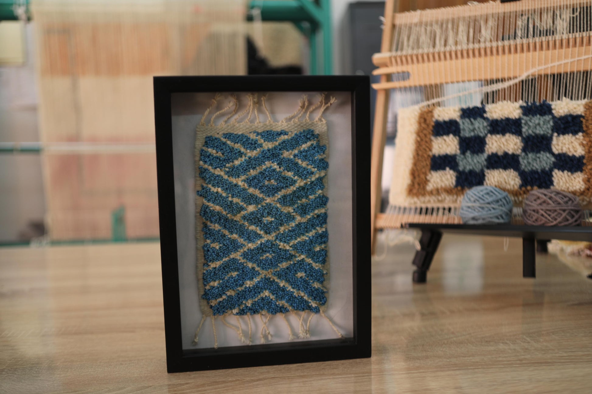 moroccan rug, hand knotted rug, blue tribal art, diamond pattern textile, wall hanging decor, moroccan wall art, framed wool tapestry, bohemian home accent, artisan rug wall decor, 25x31 cm moroccan rug
