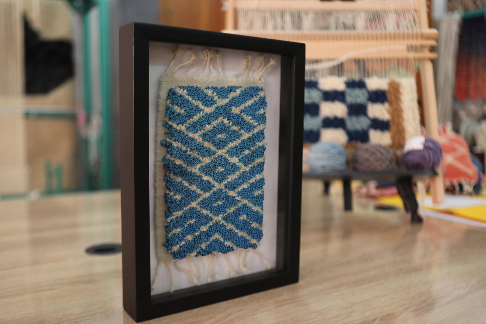 moroccan rug, hand knotted rug, blue tribal art, diamond pattern textile, wall hanging decor, moroccan wall art, framed wool tapestry, bohemian home accent, artisan rug wall decor, 25x31 cm moroccan rug
