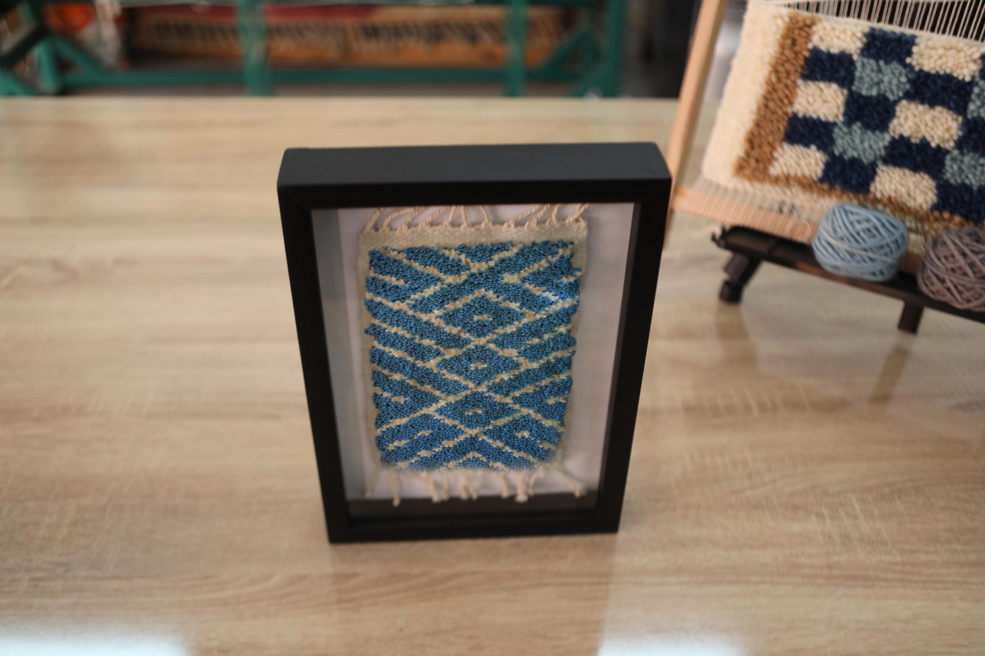 moroccan rug, hand knotted rug, blue tribal art, diamond pattern textile, wall hanging decor, moroccan wall art, framed wool tapestry, bohemian home accent, artisan rug wall decor, 25x31 cm moroccan rug
