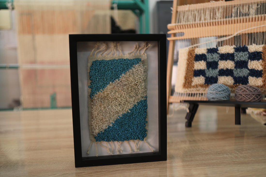 moroccan rug, hand knotted rug, wool wall art, diagonal rug pattern, artisan textile decor, framed rug, minimal wall hanging, moroccan wall art, 25x31 cm moroccan rug, beige and blue wall decor
