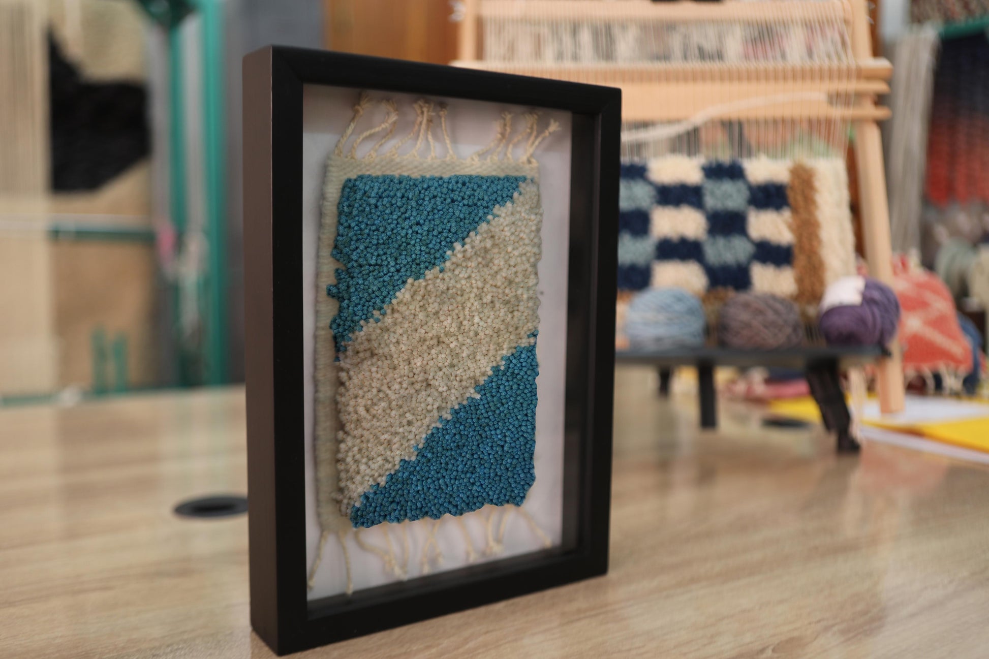 moroccan rug, hand knotted rug, wool wall art, diagonal rug pattern, artisan textile decor, framed rug, minimal wall hanging, moroccan wall art, 25x31 cm moroccan rug, beige and blue wall decor
