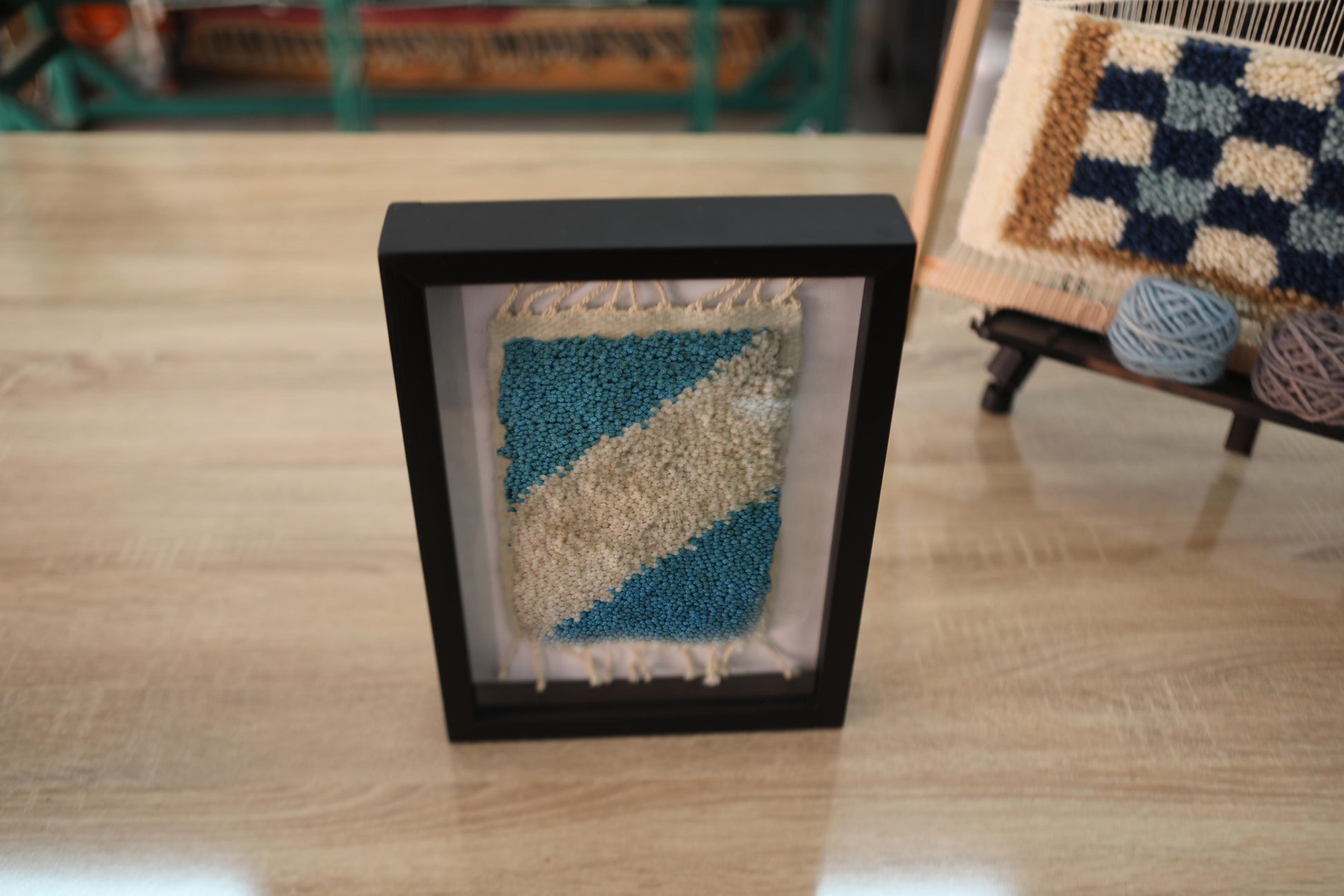 moroccan rug, hand knotted rug, wool wall art, diagonal rug pattern, artisan textile decor, framed rug, minimal wall hanging, moroccan wall art, 25x31 cm moroccan rug, beige and blue wall decor
