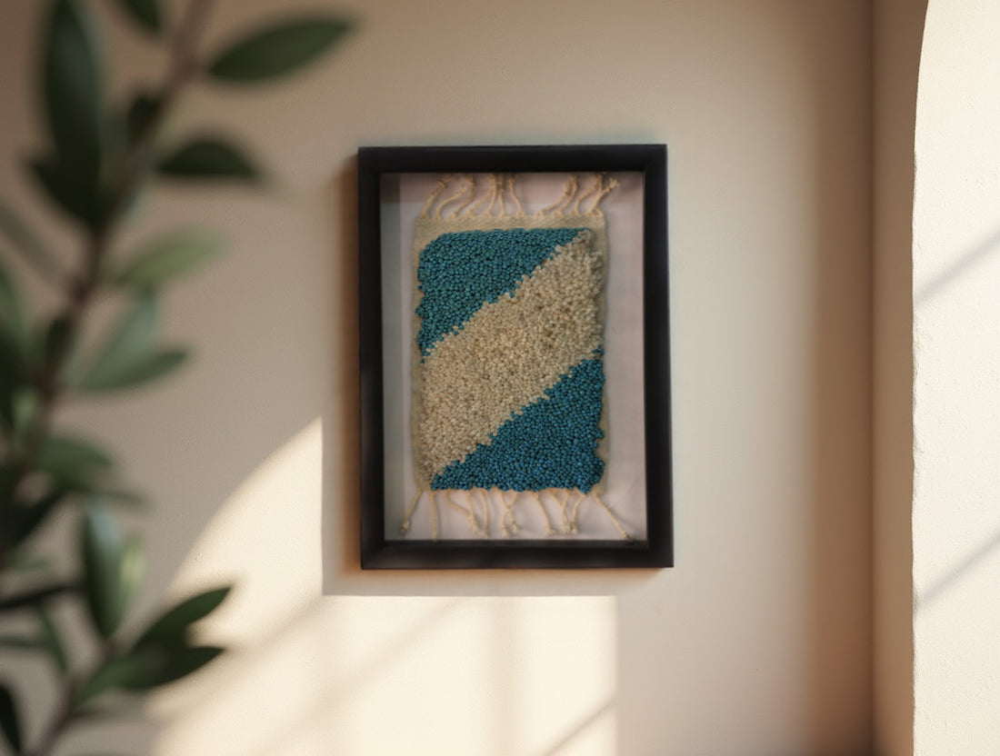 moroccan rug, hand knotted rug, wool wall art, diagonal rug pattern, artisan textile decor, framed rug, minimal wall hanging, moroccan wall art, 25x31 cm moroccan rug, beige and blue wall decor
