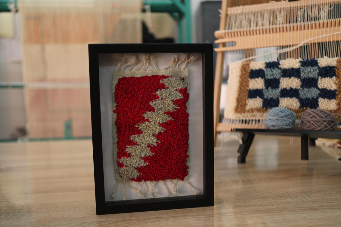 moroccan rug, hand knotted rug, zigzag rug wall art, tribal pattern textile, boho decor, red and cream wall hanging, framed berber rug, knot by knot, artisan moroccan textile, 25x31 cm rug art
