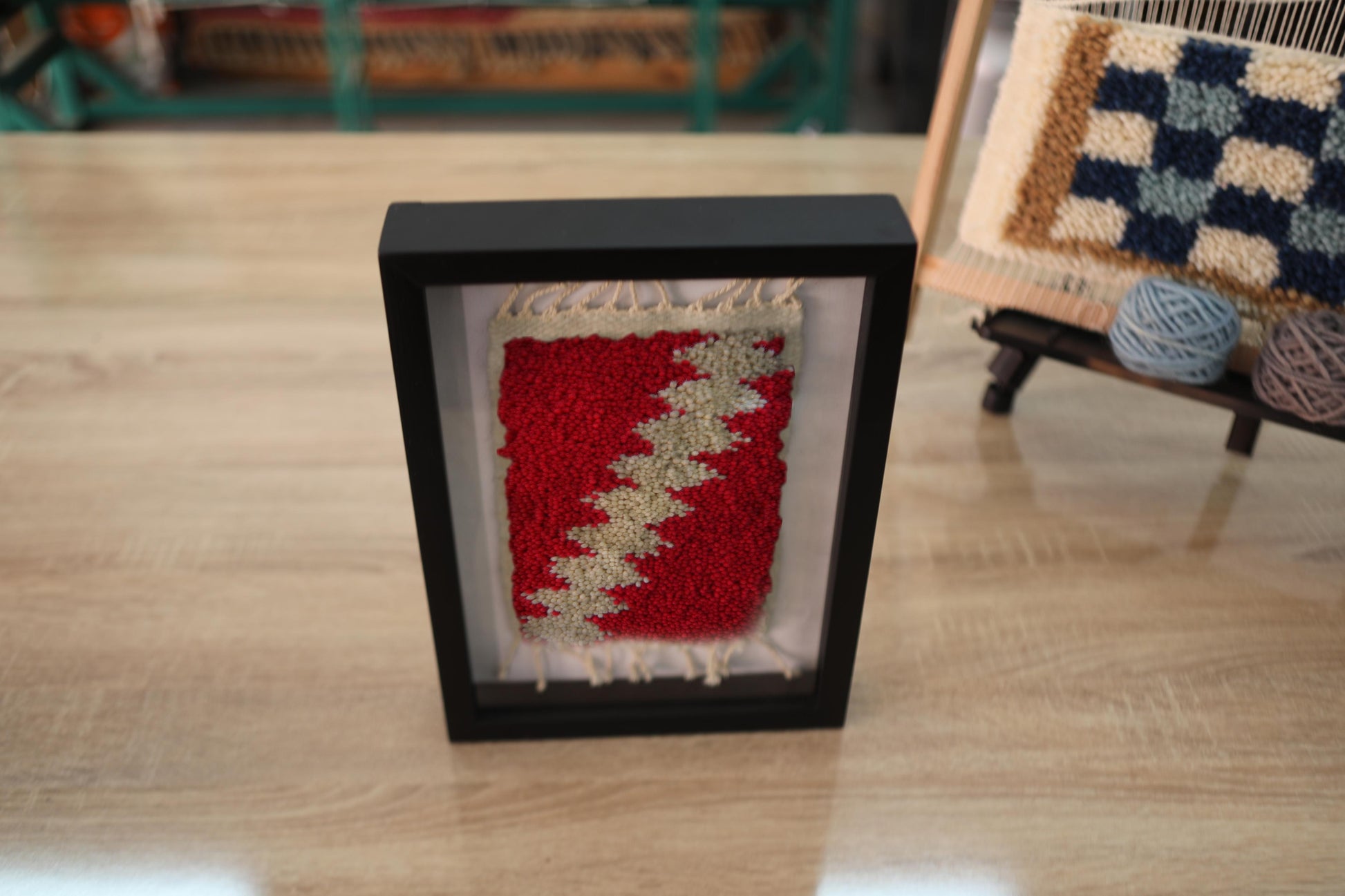 moroccan rug, hand knotted rug, zigzag rug wall art, tribal pattern textile, boho decor, red and cream wall hanging, framed berber rug, knot by knot, artisan moroccan textile, 25x31 cm rug art
