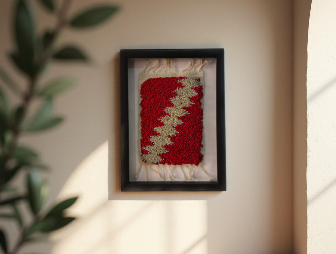 moroccan rug, hand knotted rug, zigzag rug wall art, tribal pattern textile, boho decor, red and cream wall hanging, framed berber rug, knot by knot, artisan moroccan textile, 25x31 cm rug art
