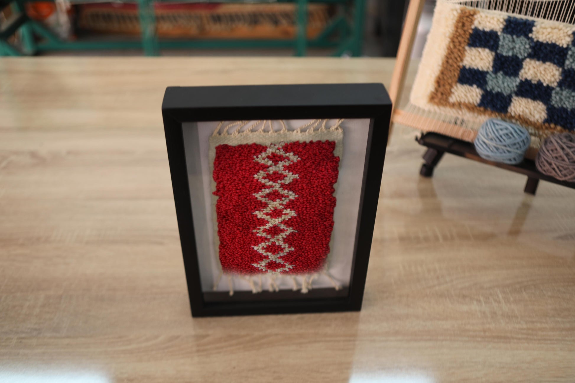 moroccan rug, hand knotted rug art, framed red rug, boho wall hanging, zigzag rug design, berber decor, wool wall art, knot by knot rug, tribal textile, 25x31 cm wall decor, handmade rug art, moroccan textile
