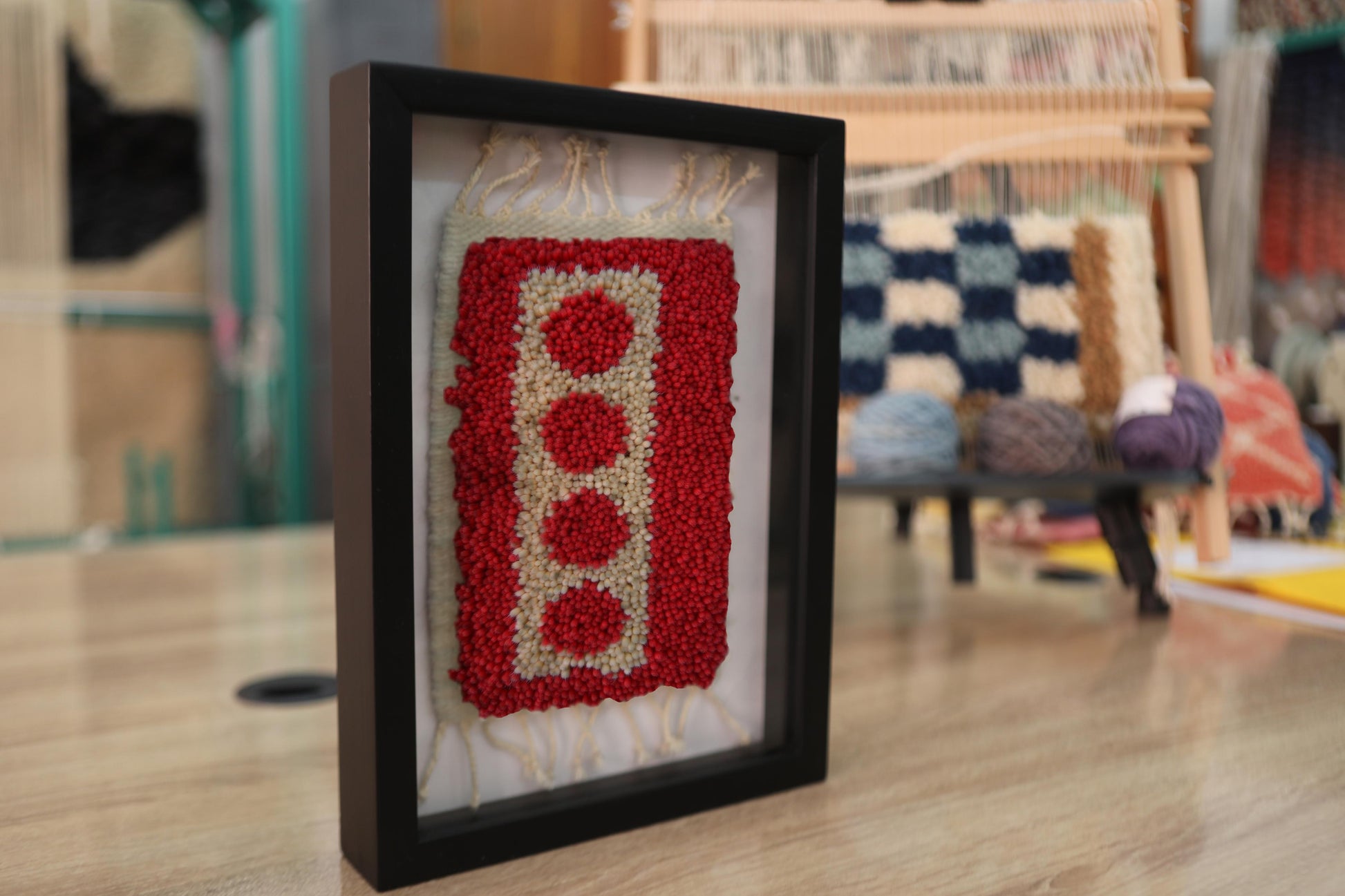 moroccan rug, hand knotted rug wall art, red circle rug, framed moroccan textile, berber rug design, wool wall hanging, tribal decor, artisan rug, knot by knot, small moroccan rug, boho rug frame, 25x31 cm wall art
