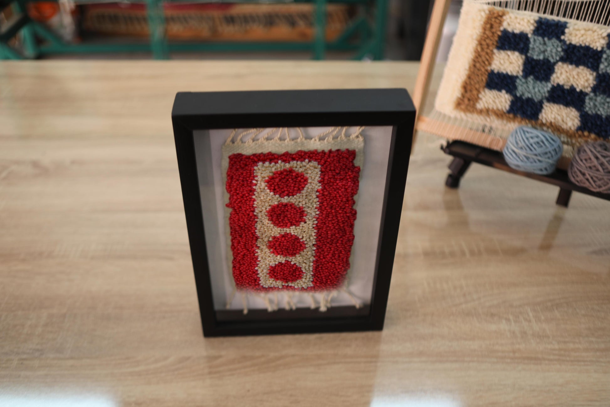 moroccan rug, hand knotted rug wall art, red circle rug, framed moroccan textile, berber rug design, wool wall hanging, tribal decor, artisan rug, knot by knot, small moroccan rug, boho rug frame, 25x31 cm wall art
