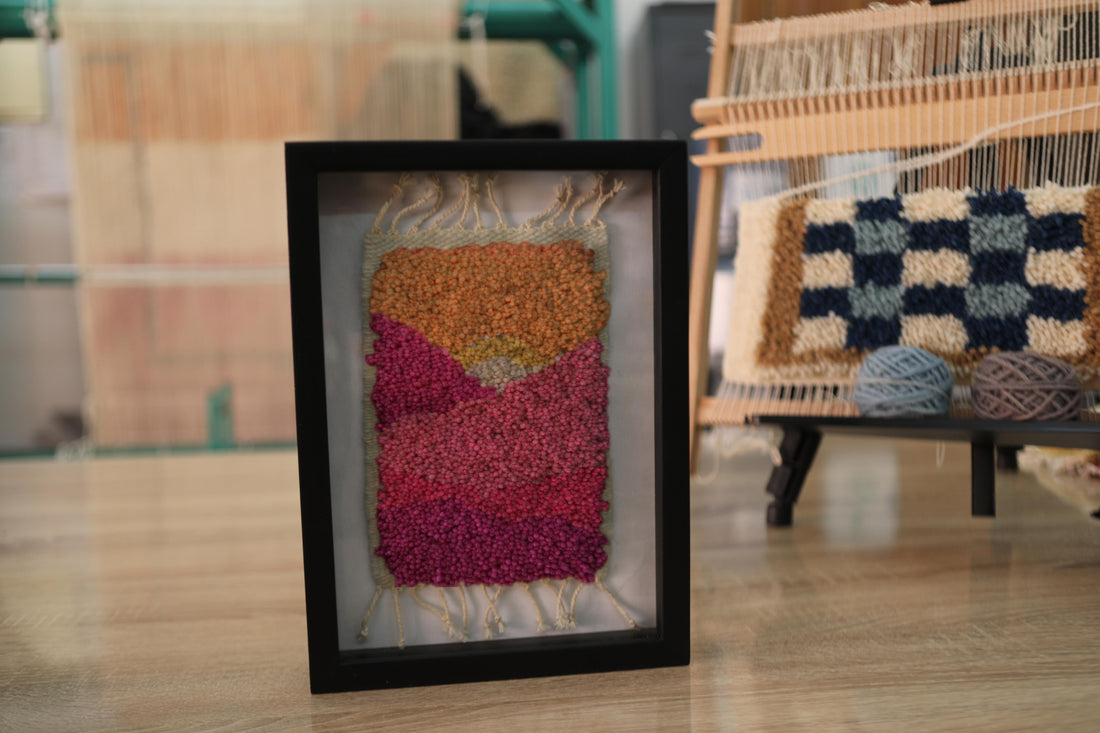 moroccan rug, hand knotted wall art, sunset color rug, wool mini tapestry, framed textile art, boho home decor, knot by knot rug, warm palette wall hanging, abstract moroccan weaving, 25x31 cm framed rug
