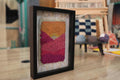moroccan rug, hand knotted wall art, sunset color rug, wool mini tapestry, framed textile art, boho home decor, knot by knot rug, warm palette wall hanging, abstract moroccan weaving, 25x31 cm framed rug
