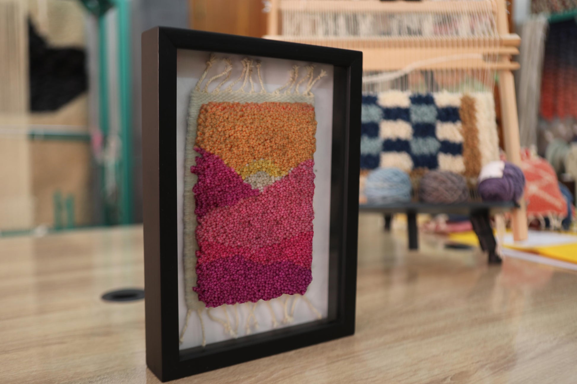 moroccan rug, hand knotted wall art, sunset color rug, wool mini tapestry, framed textile art, boho home decor, knot by knot rug, warm palette wall hanging, abstract moroccan weaving, 25x31 cm framed rug
