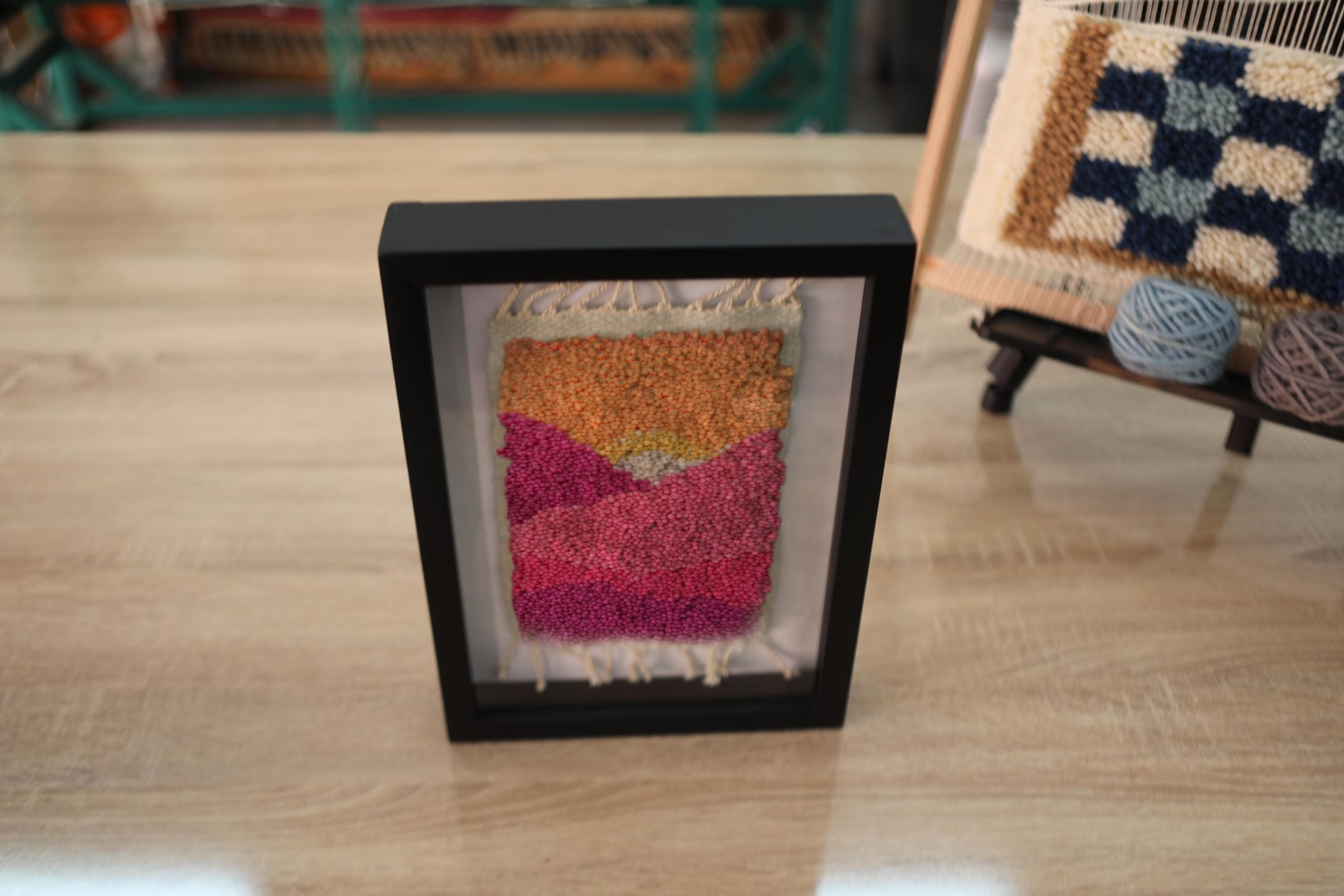 moroccan rug, hand knotted wall art, sunset color rug, wool mini tapestry, framed textile art, boho home decor, knot by knot rug, warm palette wall hanging, abstract moroccan weaving, 25x31 cm framed rug

