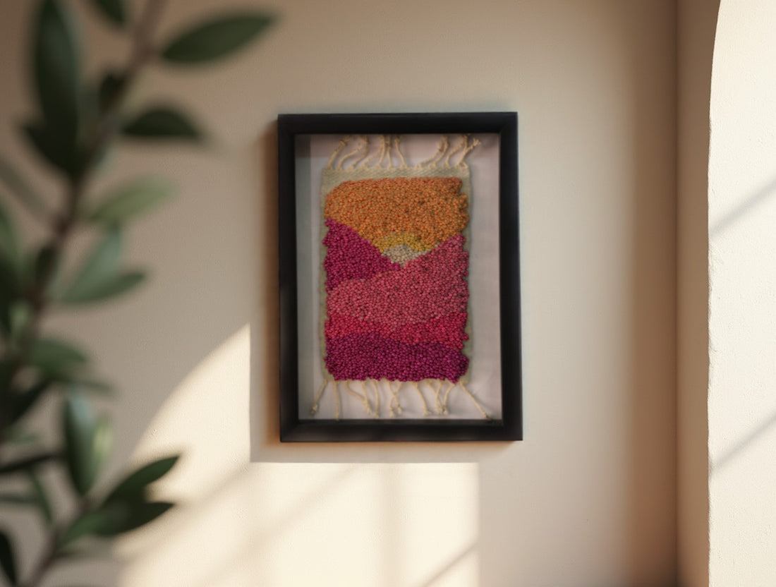 moroccan rug, hand knotted wall art, sunset color rug, wool mini tapestry, framed textile art, boho home decor, knot by knot rug, warm palette wall hanging, abstract moroccan weaving, 25x31 cm framed rug
