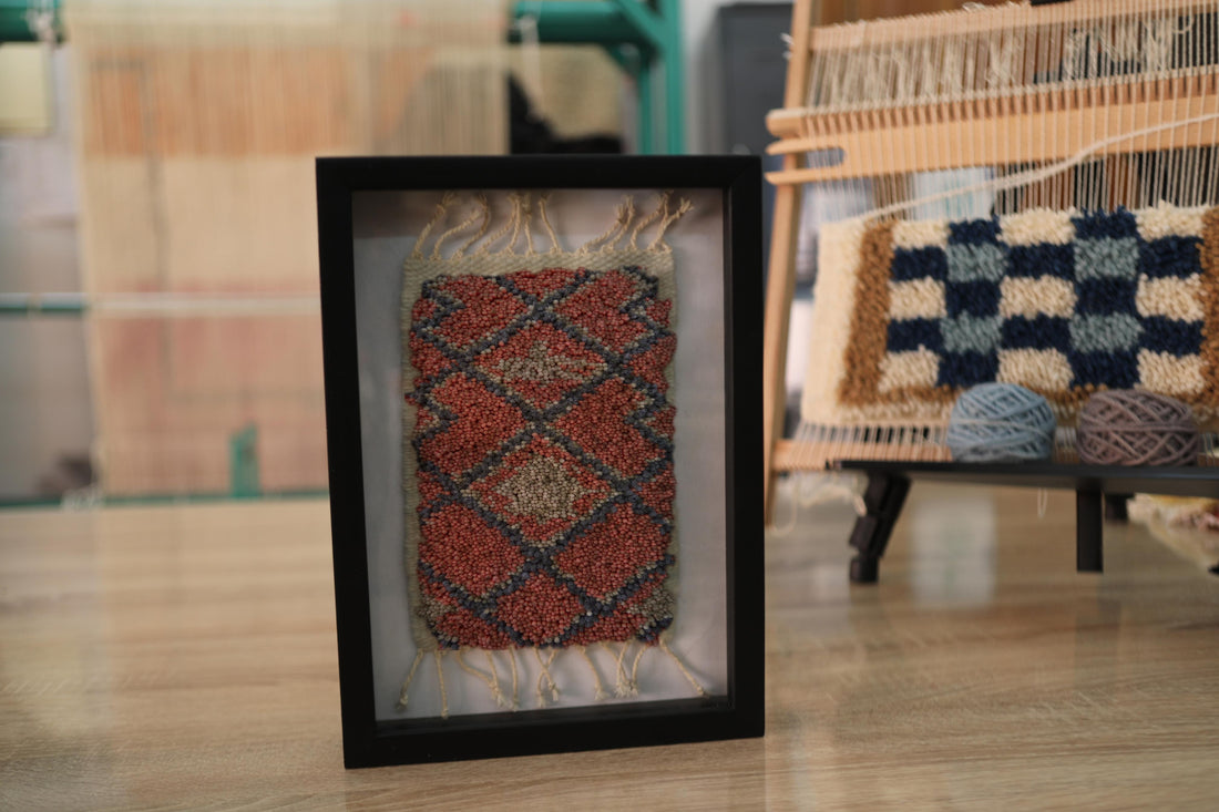 moroccan rug, hand knotted wool art, diamond pattern rug, framed rug wall decor, moroccan textile, artisan rug miniature, traditional moroccan rug, bohemian art, wool wall hanging, cultural rug design
