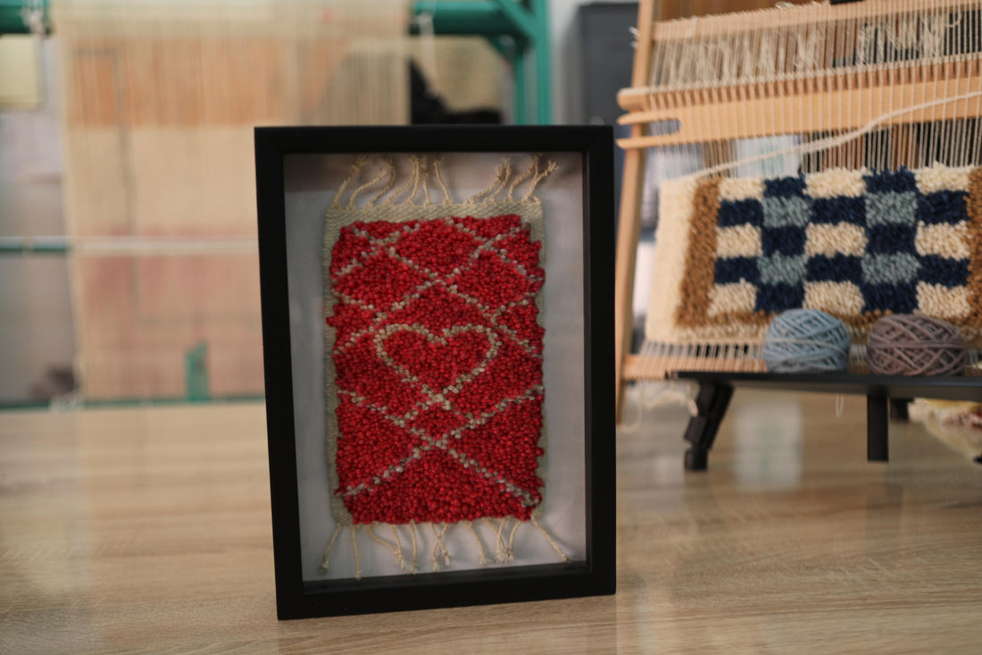 moroccan rug, heart motif rug, hand knotted wall art, red and beige rug, love symbol rug, boho decor, berber textile, framed moroccan rug, wool wall hanging, knot by knot rug, artisan rug art
