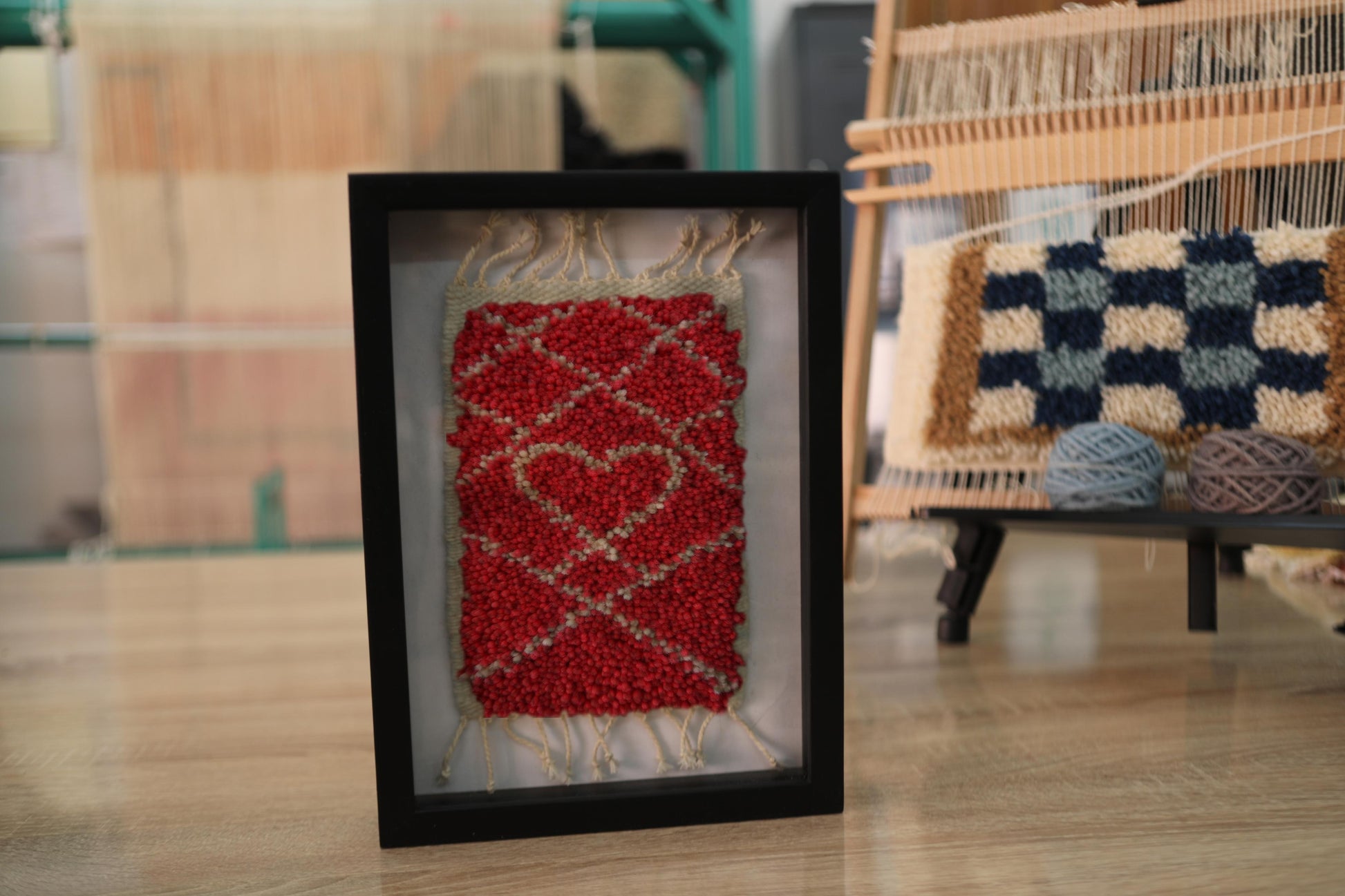 moroccan rug, heart motif rug, hand knotted wall art, red and beige rug, love symbol rug, boho decor, berber textile, framed moroccan rug, wool wall hanging, knot by knot rug, artisan rug art
